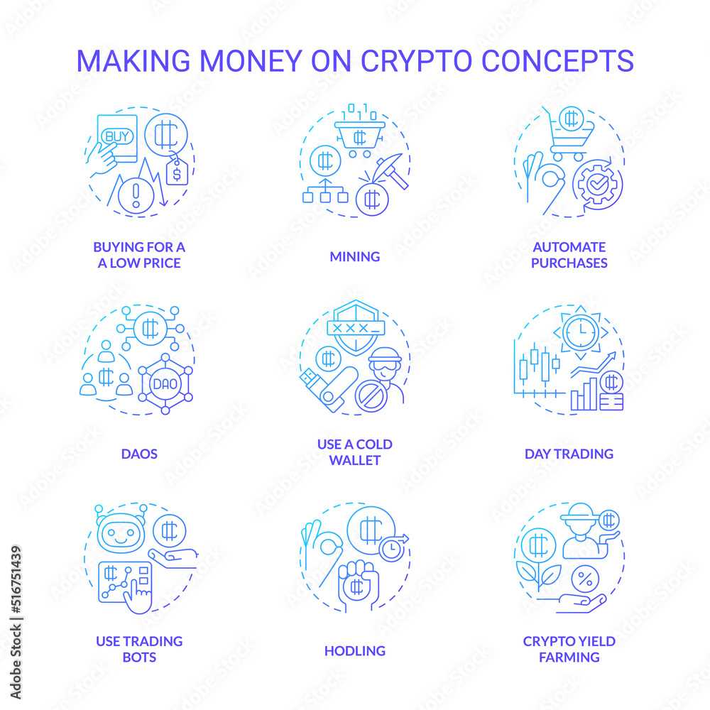 Making money on crypto blue gradient concept icons set. Cryptocurrency mining. Digital finance idea thin line color illustrations. Isolated symbols. Roboto-Medium, Myriad Pro-Bold fonts used