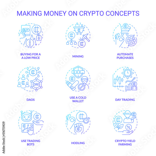 Making money on crypto blue gradient concept icons set. Cryptocurrency mining. Digital finance idea thin line color illustrations. Isolated symbols. Roboto-Medium, Myriad Pro-Bold fonts used