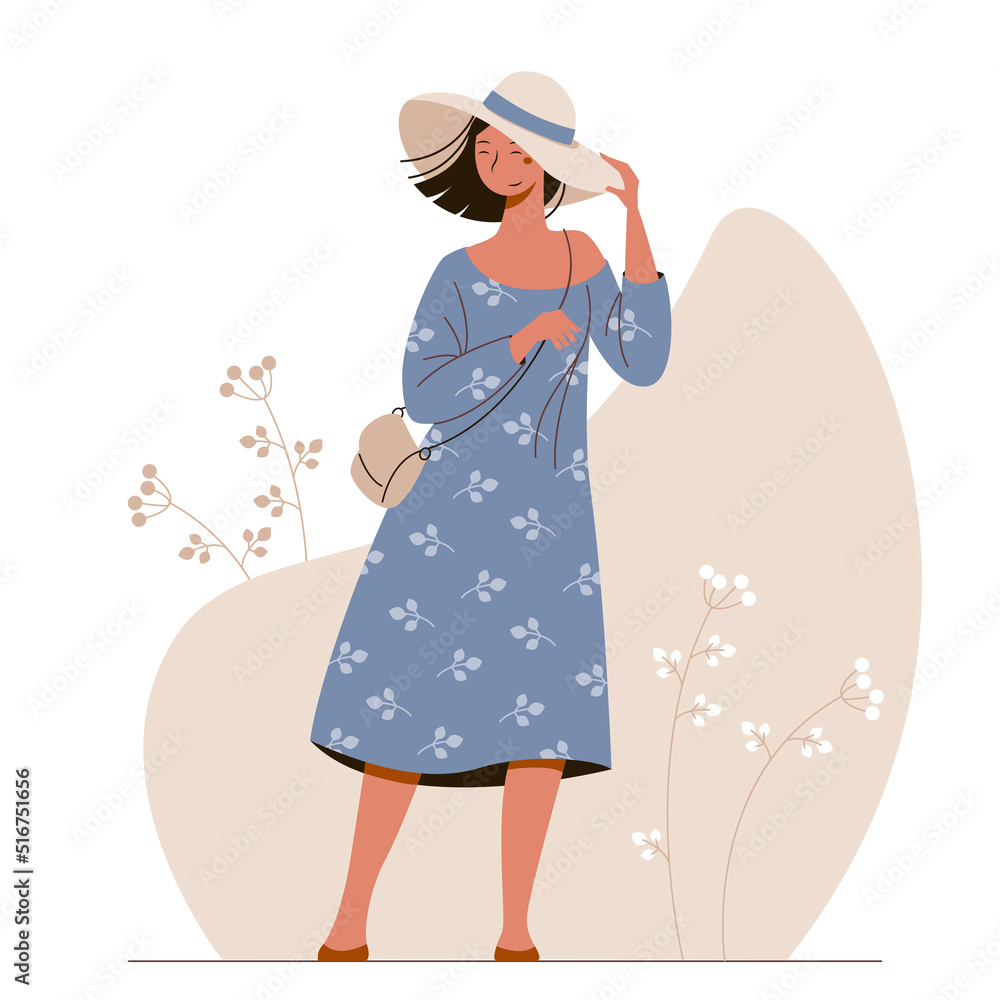 Nice cartoon young woman in a dress and the hat enjoys summer. Nice cartoon young woman in a dress and the hat enjoys summer.