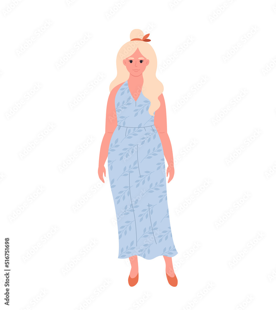 Modern young blonde woman in long dress. Stylish fashionable look. Hand drawn vector illustration Modern young blonde woman in long dress. Stylish fashionable look. Hand drawn vector illustration