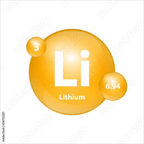 Lithium (Li) icon structure chemical element round shape circle yellow dark. Chemical element of periodic table Sign with atomic number. Study in science for education. 3D Illustration vector. 