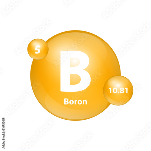Boron (B) icon structure chemical element round shape circle yellow dark. Chemical element of periodic table Sign with atomic number. Study in science for education. 3D Illustration vector.