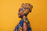 Happy African woman wearing cultural clothing in a studio