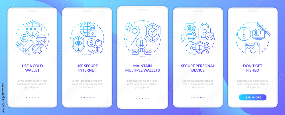 Crypto wallet security blue gradient onboarding mobile app screen. Earnings walkthrough 5 steps graphic instructions with linear concepts. UI, UX, GUI template. Myriad Pro-Bold, Regular fonts used