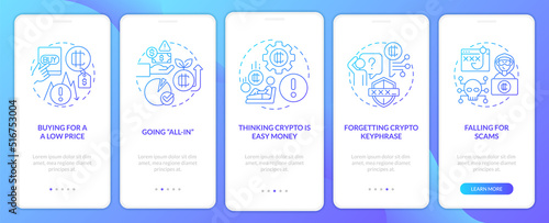 Common crypto mistakes blue gradient onboarding mobile app screen. Failure walkthrough 5 steps graphic instructions with linear concepts. UI, UX, GUI template. Myriad Pro-Bold, Regular fonts used