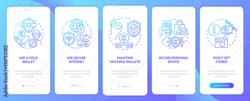 Crypto wallet security blue gradient onboarding mobile app screen. Earnings walkthrough 5 steps graphic instructions with linear concepts. UI, UX, GUI template. Myriad Pro-Bold, Regular fonts used