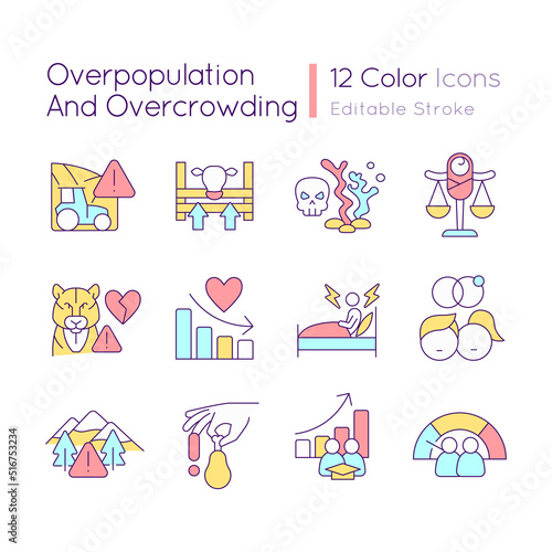 Overpopulation and overcrowding RGB color icons set. Global problems impact. Isolated vector illustrations. Simple filled line drawings collection. Editable stroke. Quicksand-Light font used