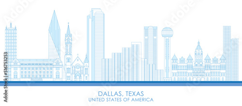 Outline Skyline panorama of city of Dallas, Texas, United States - vector illustration photo