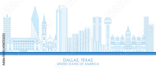 Outline Skyline panorama of city of Dallas, Texas, United States - vector illustration