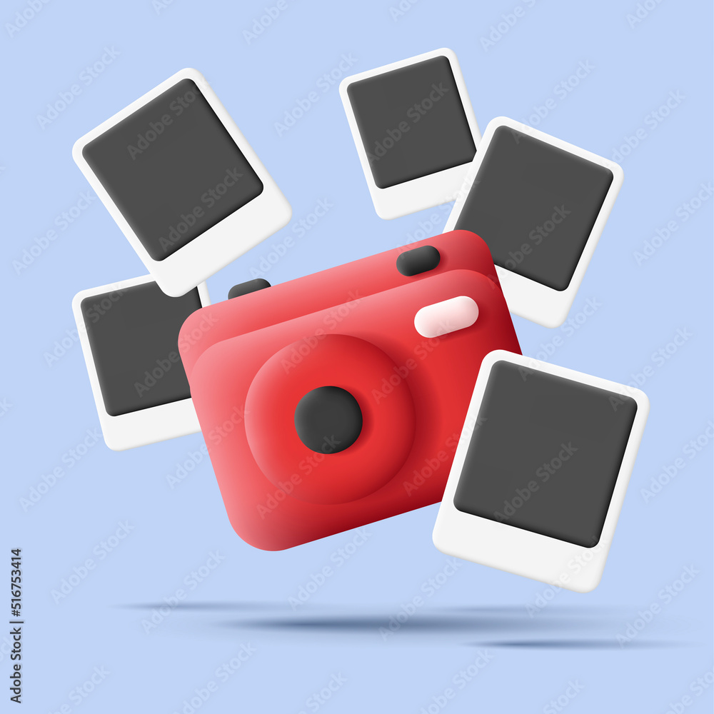 3d digital illustration of photo camera with red photographs snapshots around it. Vector illustration 3d digital illustration of photo camera with red photographs snapshots around it. Vector illustration