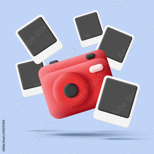 3d digital illustration of photo camera with red photographs snapshots around it. Vector illustration
