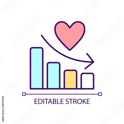 Life satisfaction reducing RGB color icon. Chart and heart. Deterioration of life quality. Tendency. Isolated vector illustration. Simple filled line drawing. Editable stroke. Arial font used