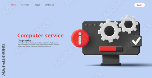 3d icon of computer service with cogwheels, website banner. Vector illustration