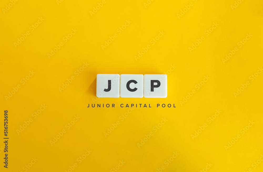 Junior Capital Pool (JCP) Banner. Text on Block Letter Tiles on Yellow Background. Minimal Aesthetics. Junior Capital Pool (JCP) Banner. Text on Block Letter Tiles on Yellow Background. Minimal Aesthetics.