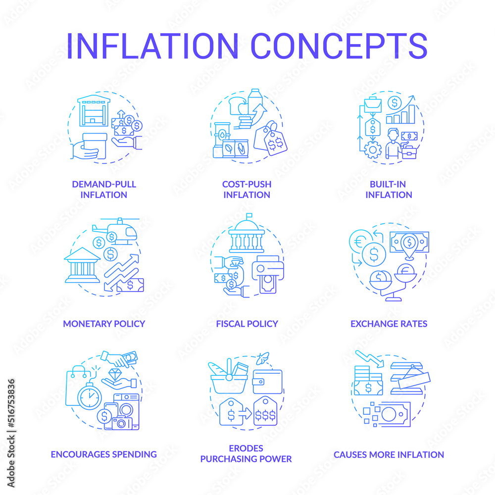 Inflation blue gradient concept icons set. Types and causes. Increasing prices. Purchasing power idea thin line color illustrations. Isolated symbols. Roboto-Medium, Myriad Pro-Bold fonts used