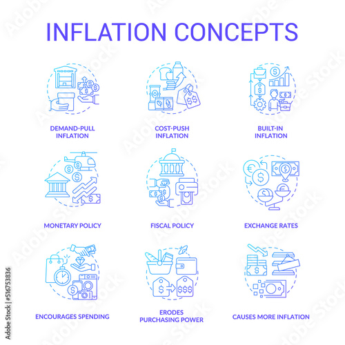 Inflation blue gradient concept icons set. Types and causes. Increasing prices. Purchasing power idea thin line color illustrations. Isolated symbols. Roboto-Medium, Myriad Pro-Bold fonts used