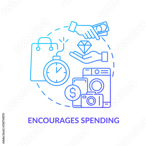 Encourages spending blue gradient concept icon. Stock up on goods. Purchasing power. Effect of inflation abstract idea thin line illustration. Isolated outline drawing. Myriad Pro-Bold font used