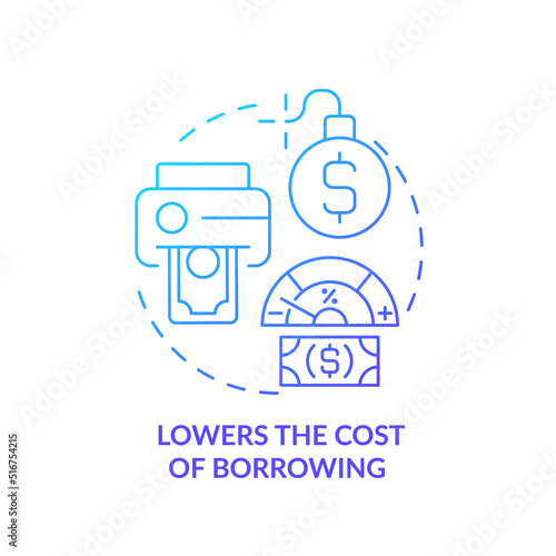 Lowers cost of borrowing blue gradient concept icon. Low interest rate. Effect of inflation abstract idea thin line illustration. Isolated outline drawing. Myriad Pro-Bold font used