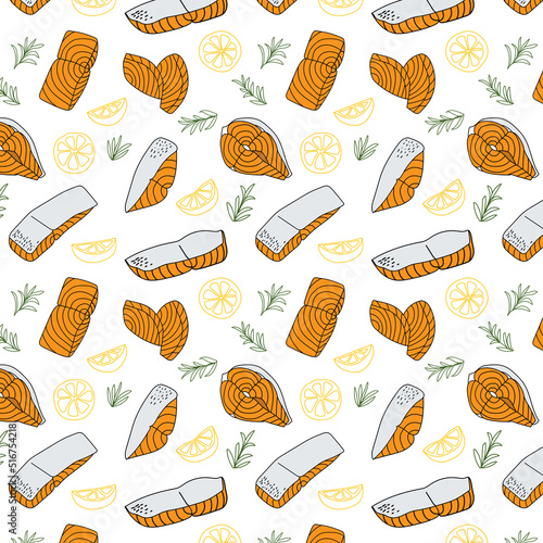Seamless pattern background of hand drawn fresh salmon in doodle art style