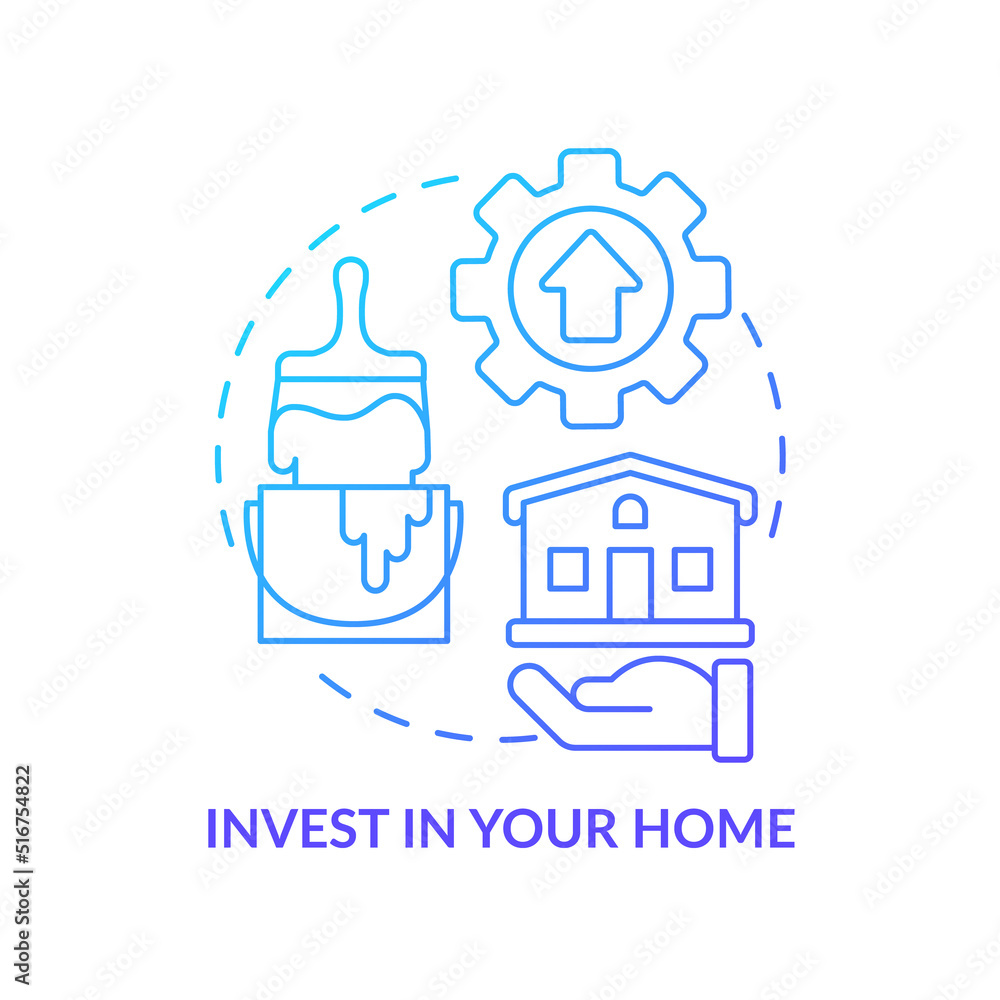 Invest in your home blue gradient concept icon. Real estate. Protecting money during inflation abstract idea thin line illustration. Isolated outline drawing. Myriad Pro-Bold font used Invest in your home blue gradient concept icon. Real estate. Protecting money during inflation abstract idea thin line illustration. Isolated outline drawing. Myriad Pro-Bold font used