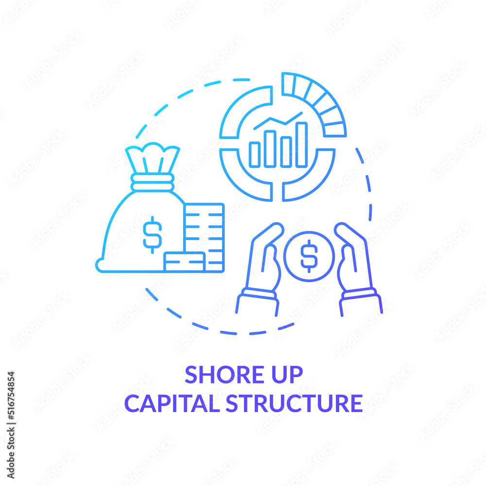 Shore up capital structure blue gradient concept icon. Corporate balance. Dealing with inflation in business abstract idea thin line illustration. Isolated outline drawing. Myriad Pro-Bold font used Shore up capital structure blue gradient concept icon. Corporate balance. Dealing with inflation in business abstract idea thin line illustration. Isolated outline drawing. Myriad Pro-Bold font used