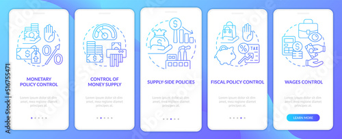 Controlling inflation blue gradient onboarding mobile app screen. Walkthrough 5 steps graphic instructions with linear concepts. UI, UX, GUI template. Myriad Pro-Bold, Regular fonts used