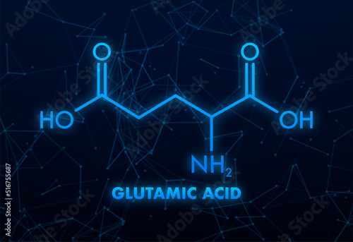 Chemical structure of Glutamic acid formula. Icon on black backdrop