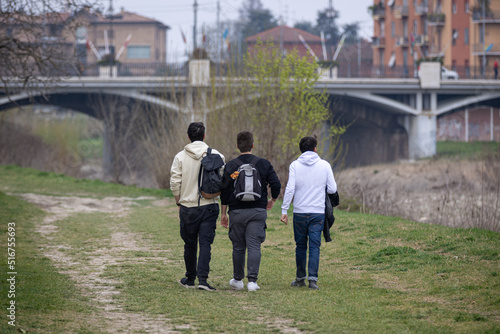 Three Boys Walking on the Lawn along the Banks of a Dried up River and a Bridge in the Background