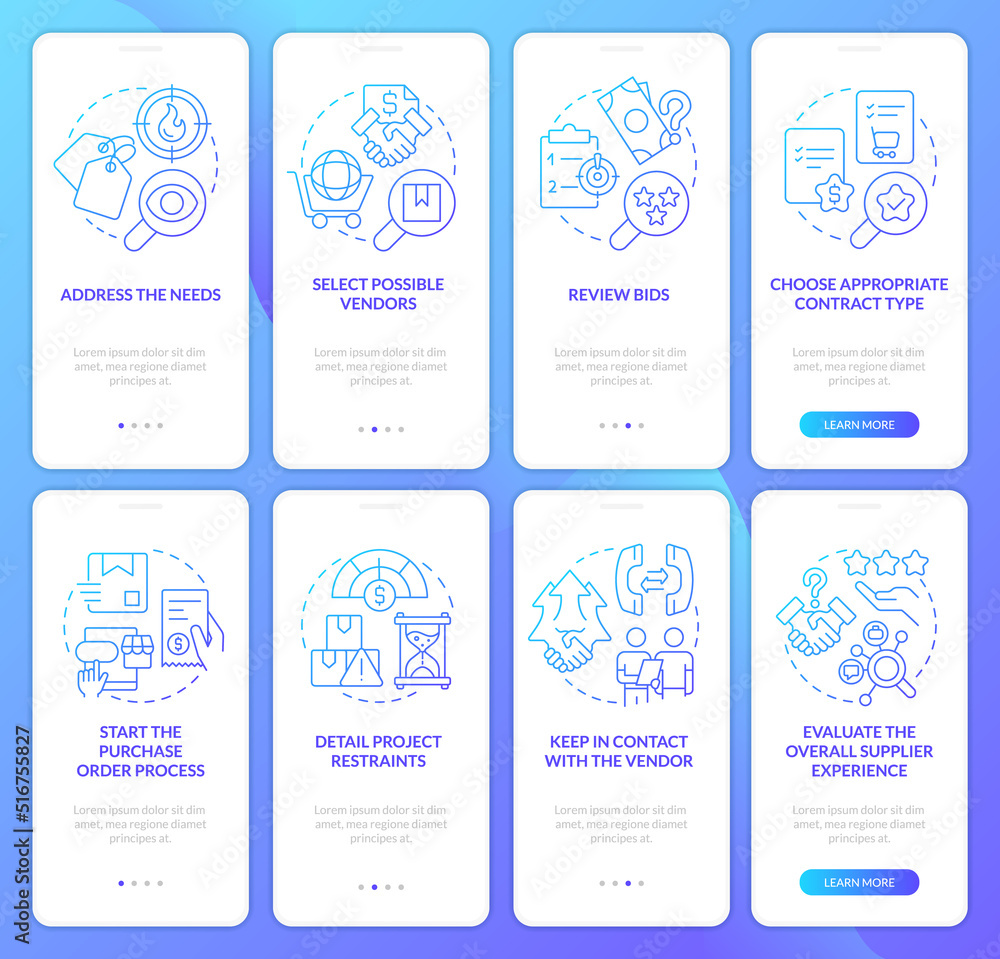 Successful procurement plan blue gradient onboarding mobile app screen set. Walkthrough 4 steps graphic instructions with linear concepts. UI, UX, GUI template. Myriad Pro-Bold, Regular fonts used