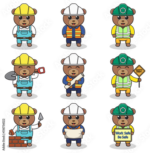 Vector illustration of Bear worker, builder, laborer cartoon. Cute Bear engineers workers, builders characters isolated cartoon illustration. Vector illustration on white background