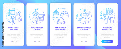Formal procurement methods blue gradient onboarding mobile app screen. Walkthrough 5 steps graphic instructions with linear concepts. UI, UX, GUI template. Myriad Pro-Bold, Regular fonts used