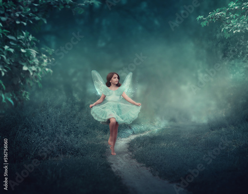 Wallpaper Mural A girl with fairy wings runs through a fairy forest. Around the girl is a dark foggy forest. The girl has glitter wings.
She is dressed in blue Torontodigital.ca