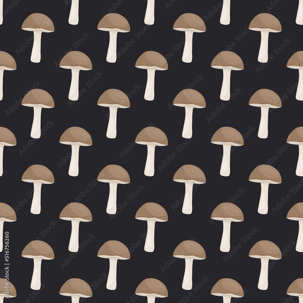 Vector Seamless Pattern with Birch Mushroom on Black. Seamless Texture, Hand Drawn Cartoon Birch Mushrooms. Design Template for Textile, Wallpaper, Print. Penny Bun Seamless Texture
