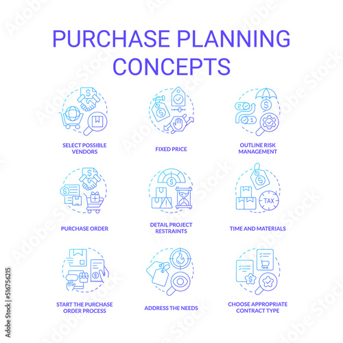 Purchase planning blue gradient concept icons set. Procurement order process idea thin line color illustrations. Risk management. Isolated symbols. Roboto-Medium, Myriad Pro-Bold fonts used
