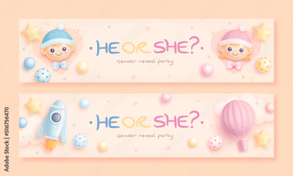He or she. Cartoon gender reveal invitation design template. Set of