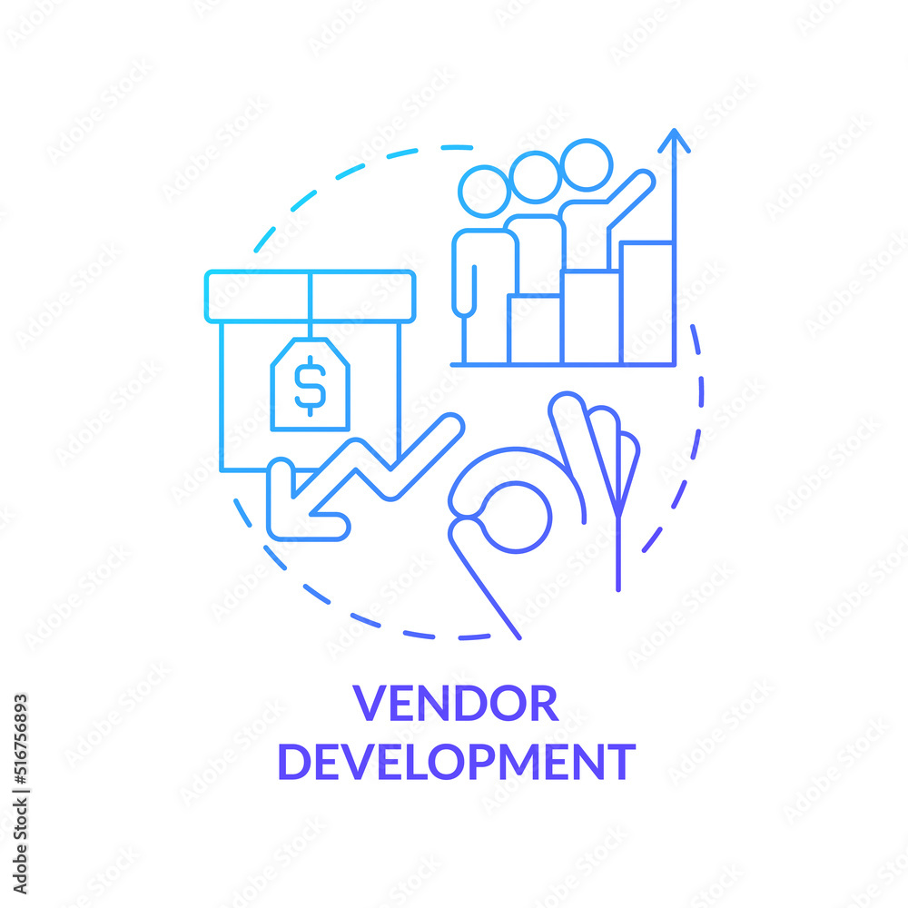 Vendor development blue gradient concept icon. Sourcing strategy abstract idea thin line illustration. Supply chain management. New suppliers. Isolated outline drawing. Myriad Pro-Bold font used Vendor development blue gradient concept icon. Sourcing strategy abstract idea thin line illustration. Supply chain management. New suppliers. Isolated outline drawing. Myriad Pro-Bold font used