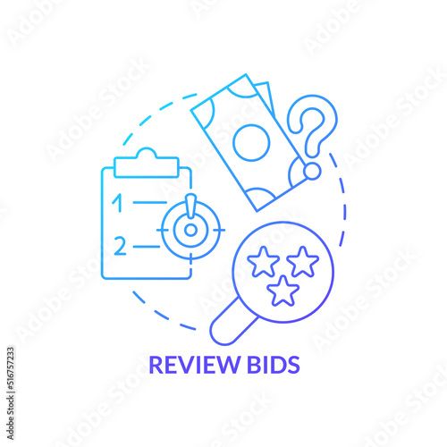 Review bids blue gradient concept icon. Procurement management plan abstract idea thin line illustration. Preliminary examination. Bid evaluation. Isolated outline drawing. Myriad Pro-Bold font used