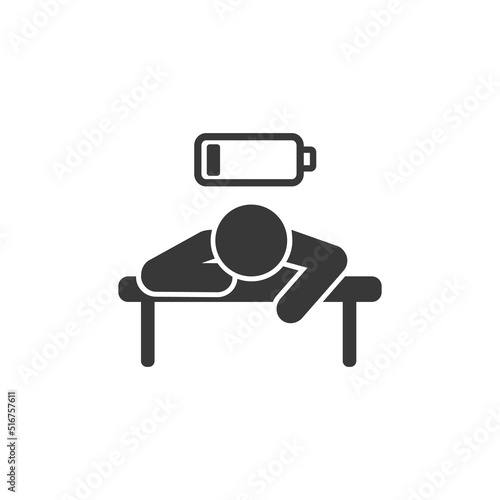 Tired person in the workplace, tiredness or burnout icon, low level energy in work battery