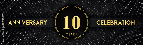10 years anniversary celebration with circle frame and dotted line isolated on black background. Premium design for birthday party, graduation, weddings, ceremony, greetings card, anniversary logo.
