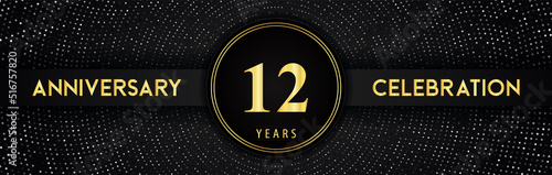 12 years anniversary celebration with circle frame and dotted line isolated on black background. Premium design for birthday party, graduation, weddings, ceremony, greetings card, anniversary logo.