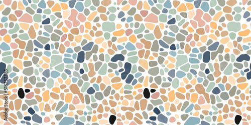 Bright seamless pebble mosaic organic pattern. Vector background. Tile decoration for floor, wall and paving. Design of kitchen, bathroom, outdoor. Repeating texture
