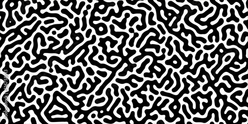 Turing reaction diffusion seamless pattern with chaotic motion. Black and white natural background with organic structures. Vector illustration of chemical morphogenesis concept. Doodle labyrinth