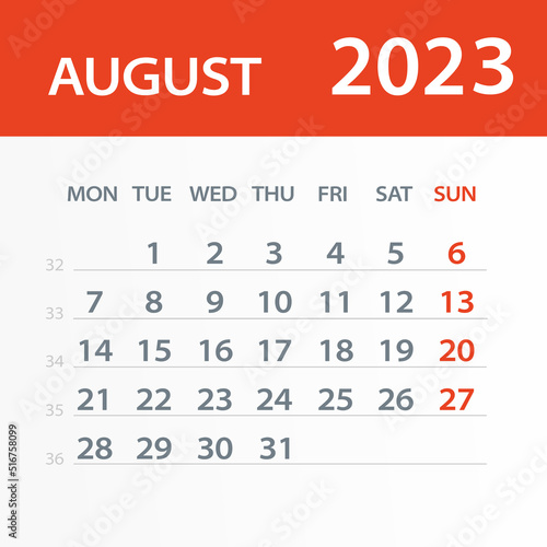 August 2023 Calendar Leaf - Vector Illustration