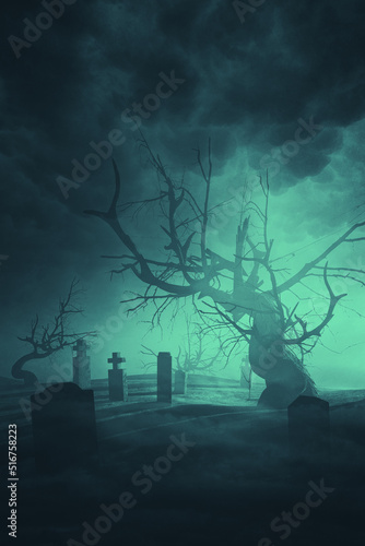 old graveyard with tombstones and dead tree © andreiuc88