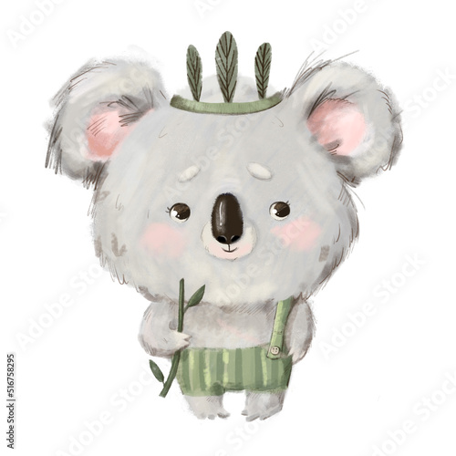 Photography Cute little hand drawn watercolor koala chinese oriental animal with a bamboo branch stick wearing clothes clipart fabric apparel illustration on white background