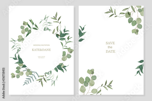Set of floral card with eucalyptus and herbal branches. Greenery frame. For wedding, birthday, party, save the date. Vector illustration. Watercolor style