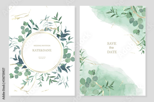 Set of floral card with gold elements, eucalyptus and herbal branches. Greenery frame.  For wedding, birthday, party, save the date. Vector illustration. Watercolor style