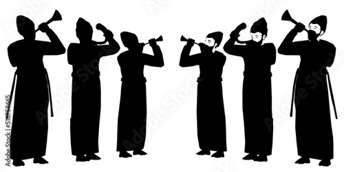 Six Jewish priests dressed in traditional clothing. Standing and blowing the shofar from a ram's horn and silver trumpets.
Vector drawing. Black silhouettes.
Isolated characters.