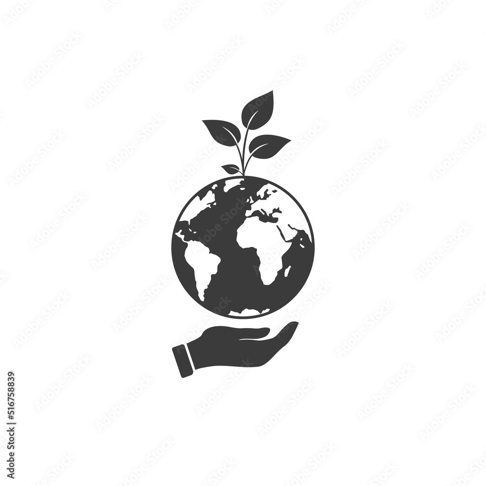 Earth day icon, world green ecology concept, globe with sapling, save clean environment