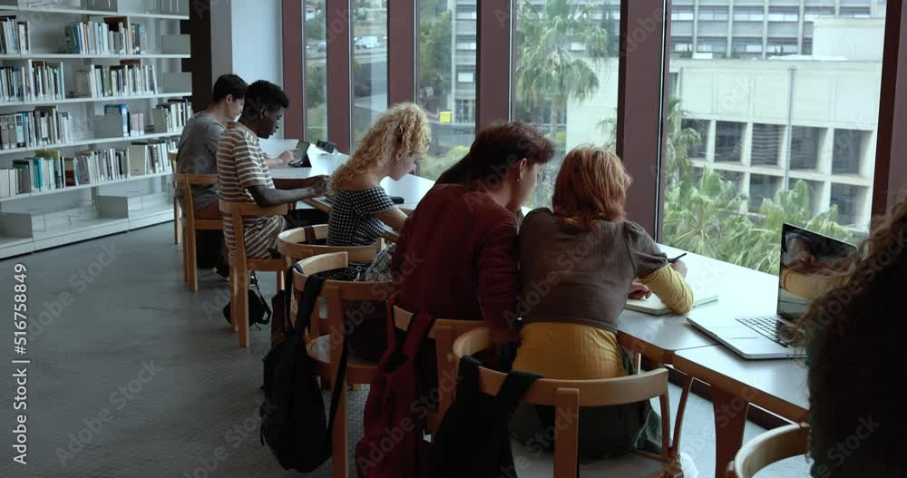 Group of young students learing together inside school library Group of young students learing together inside school library